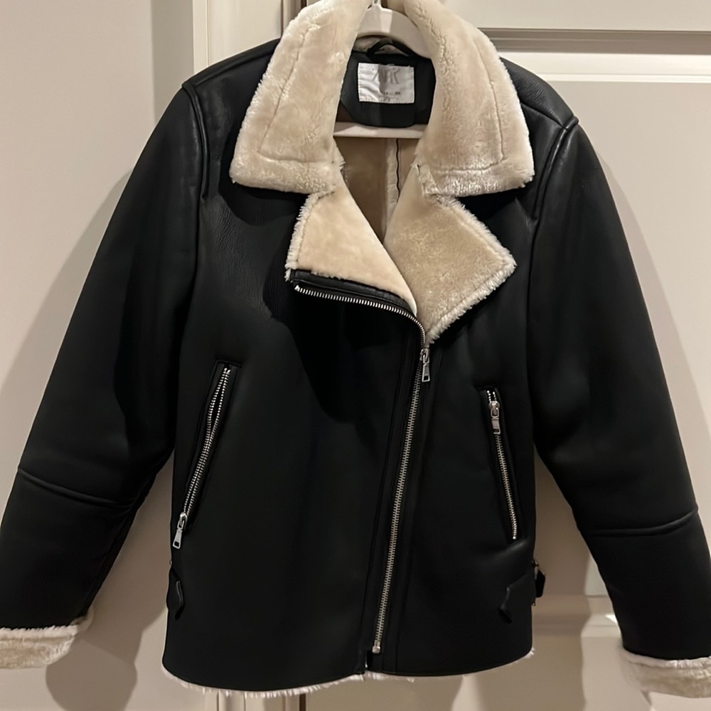 Zara Kids Black Faux Leather Faux Fur Lined Jacket Sz 13-14 Girls